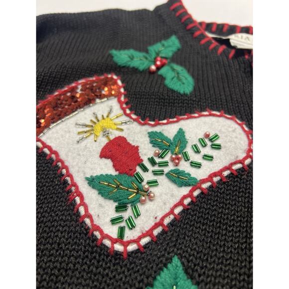 Vintage Victoria Jones Christmas Sweater Med Black Stocking Holly Applique - Picture 7 of 11